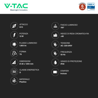 Tubo LED T8 G13 12W SMD CREE Nano-Plastic 120cm con Starter V-Tac