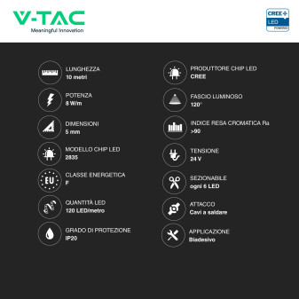 V-TAC Striscia LED Flessibile 8 W/m Monocolore DMS Chip CREE 24V 10m