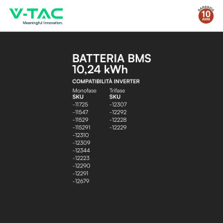 V-Tac Batteria BMS LiFePO4 51,2V 200Ah 10,24kWh per Inverter CEI 0-21