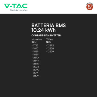 V-Tac Batteria BMS LiFePO4 51,2V 200Ah 10,24kWh