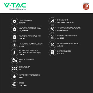 V-Tac Batteria BMS LiFePO4 51,2V 280Ah 14,33kWh per Inverter CEI 0-21
