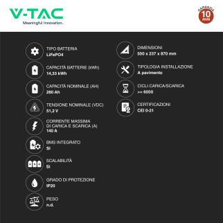 V-Tac Batteria BMS LiFePO4 51,2V 280Ah 14,33kWh CEI 0-21