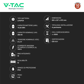 V-Tac Batteria BMS LiFePO4 51,2V 280Ah 14,33kWh CEI 0-21