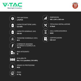 VT-48200B Accumulatore 9.60kWh Impianti Fotovoltaici V-Tac cei 0-21