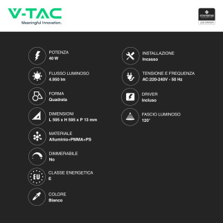 V-Tac VT-6060 6 Pannelli LED Quadrato 60x60 40W