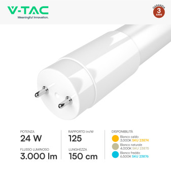 Tubo LED SMD T8 G13 24W Nano-Plastic 150cm con Starter V-Tac
