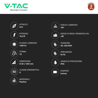 Tubo LED SMD T8 G13 16,5W Nano-Plastic 120cm con Starter V-Tac