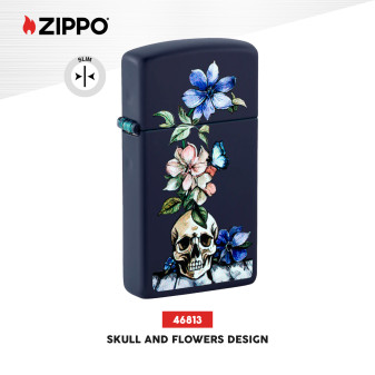 Accendino Slim Zippo mod. 46813 Skull and Flowers Design