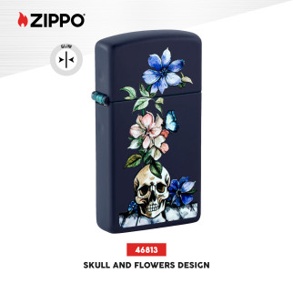 Accendino Slim Zippo mod. 46813 Skull and Flowers Design