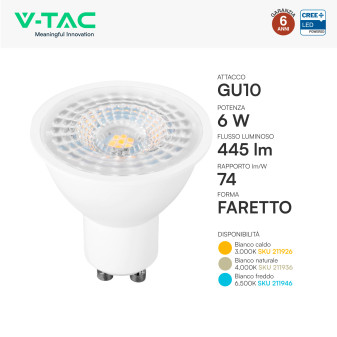 V-Tac VT-247 Lampadina LED GU10 6W Faretto PAR16 Chip CREE