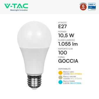 V-Tac Lampadina LED E27 10,5W Goccia A60 SMD Opaca