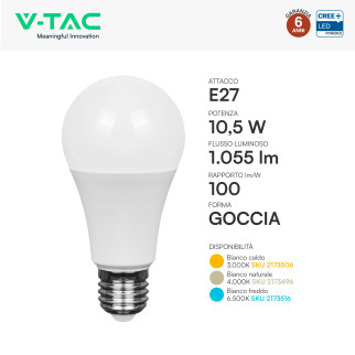 V-Tac Lampadina LED E27 10,5W Goccia A60 SMD Opaca
