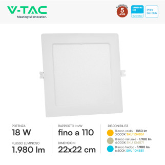 V-Tac Pro VT-61018 Pannello LED Quadrato 18W SMD Chip Samsung