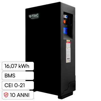 V-Tac Batteria BMS LiFePO4 51,2V 314Ah 16,07kWh Garanzia 10 Anni Nera