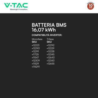V-Tac Batteria BMS LiFePO4 51,2V 314Ah 16,07kWh Garanzia 10 Anni Nera