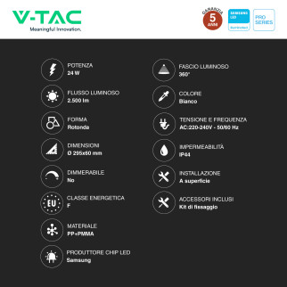 V-Tac Pro VT-8624 Plafoniera LED Rotonda 24W SMD Chip Samsung IP44