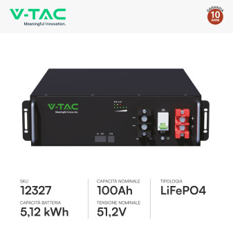 V-Tac Batteria BMS LiFePO4 51,2V 100Ah 5,12kWh Garanzia 10 Anni