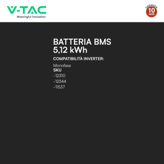 V-Tac Batteria BMS LiFePO4 51,2V 100Ah 5,12kWh Garanzia 10 Anni