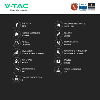 V-Tac VT-61044 10 Pannelli LED CREE Quadrato 60x60 40W