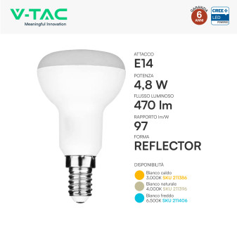 V-Tac VT-250 Lampadina LED E14 4,8W Reflector R50 Chip CREE