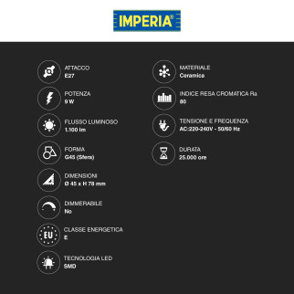 Imperia Lampadina LED E27 9W MiniGlobo G45 SMD Ceramica