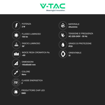 V-Tac VT-412-M Lampada LED da Muro Rotonda 2W SMD  Nera