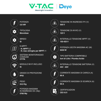 V-Tac Inverter Monofase Ibrido On-Grid / Off-Grid 3,6kW IP65