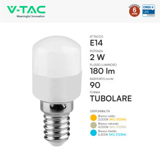 V-Tac VT-202 Lampadina LED E14 2W Tubolare ST26 SMD Chip CREE