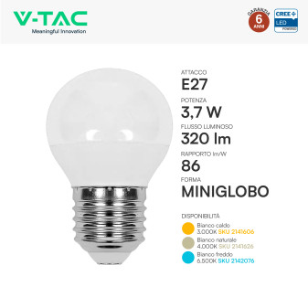 V-Tac VT-1830 Lampadina LED E27 3,7W Miniglobo G45 SMD Chip CREE