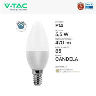 V-Tac VT-293D Lampadina LED E14 5,5W Candela C37 SMD Chip CREE