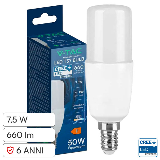 V-Tac VT-248 Lampadina LED E14 7,5W Tubolare T37 SMD Chip CREE