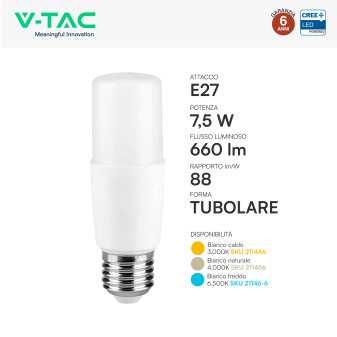 V-Tac VT-237 Lampadina LED E27 7,5W Tubolare T37 SMD Chip CREE