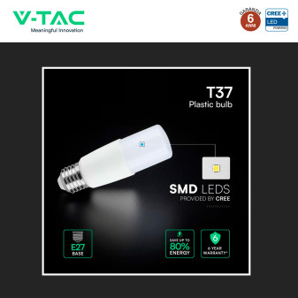 V-Tac VT-237 Lampadina LED E27 7,5W Tubolare T37 SMD Chip CREE
