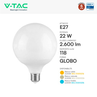 V-Tac VT-242 Lampadina LED E27 22W Globo G120 SMD Chip CREE