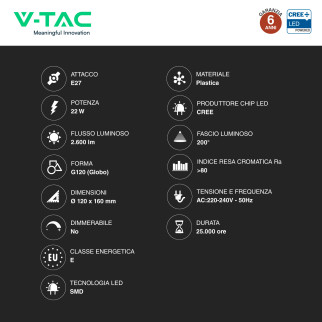 V-Tac VT-242 Lampadina LED E27 22W Globo G120 SMD Chip CREE