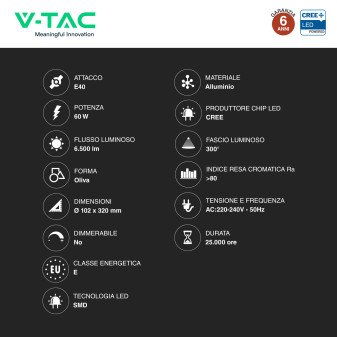 V-Tac VT-260 Lampadina LED E40 60W Oliva SMD Chip CREE