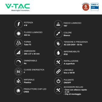 V-Tac VT-035 Plafoniera LED Lineare T5 4W SMD Chip CREE Linkabile