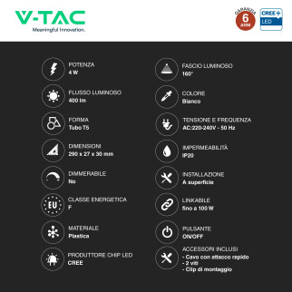 V-Tac VT-035 Plafoniera LED Lineare T5 4W SMD Chip CREE Linkabile
