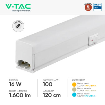 V-Tac VT-125 Plafoniera LED Lineare T5 16W SMD Chip CREE Linkabile