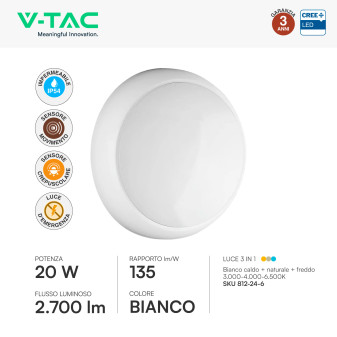 V-Tac VT-8633 Plafoniera LED Rotonda 20W SMD Chip CREE Sensore