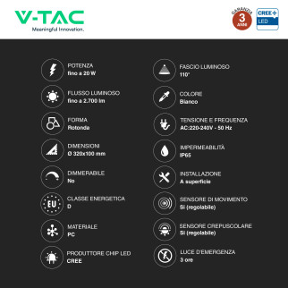 V-Tac VT-8633 Plafoniera LED Rotonda 20W SMD Chip CREE Sensore