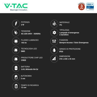 Lampada LED Uscita di Emergenza 2W SMD CREE IP20 V-Tac
