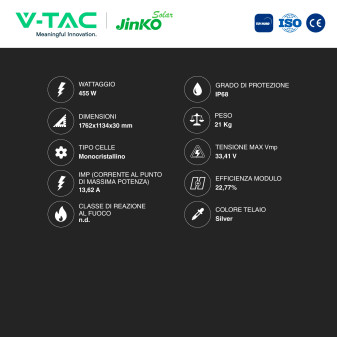 Pannelli Fotovoltaici 455W TIER 1 TOPCon IP68 V-Tac Jinko