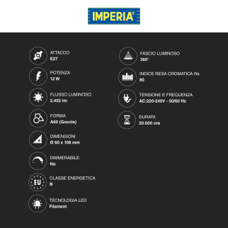 Imperia Lampadina LED E27 12W Goccia A60 Filament