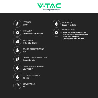V-Tac VT-24122-S Alimentatore Led Slim 120W 24V 5A Per Uso Interno