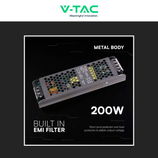 V-Tac VT-13200-S Alimentatore Led Slim 200W 12V 16,5A Per Uso Interno