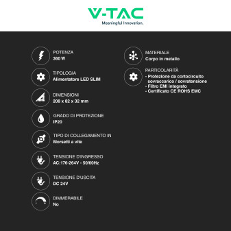 V-Tac VT-24361-S Alimentatore Led Slim 360W 24V 15A Per Uso Interno
