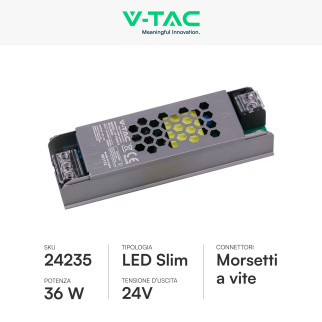 V-Tac VT-24035-S Alimentatore Led Slim 36W 24V 1,5A Per Uso Interno