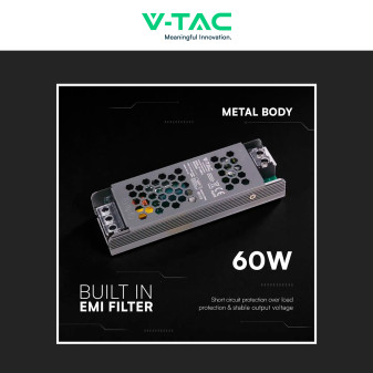 V-Tac VT-13060-S Alimentatore Led Slim 60W 12V 5A Per Uso Interno