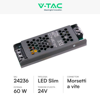 V-Tac VT-24062-S Alimentatore Led Slim 60W 24V 2,5A Per Uso Interno
